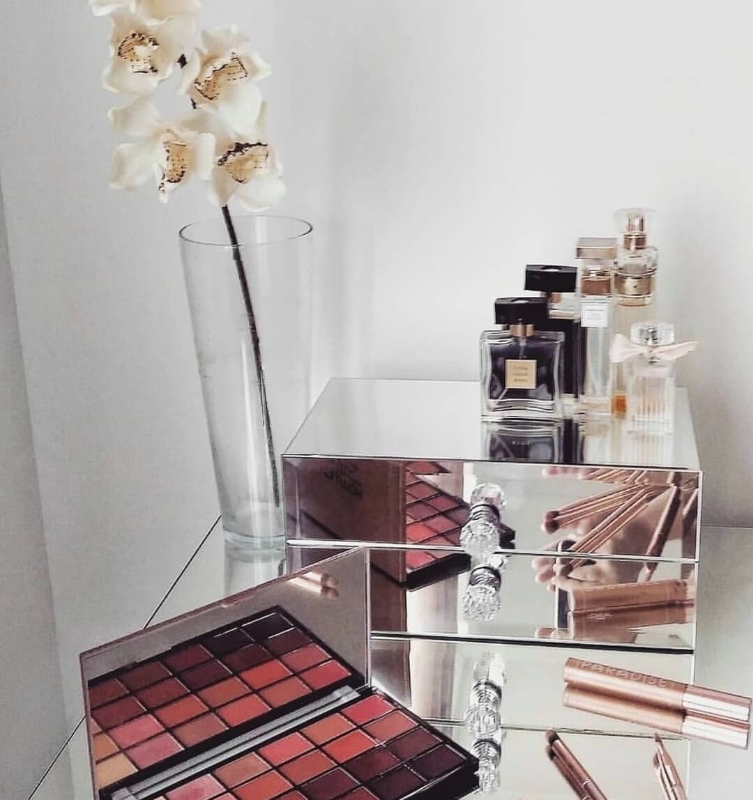 Elegant vanity organizer by Mirrorina with black interior and mirrored exterior