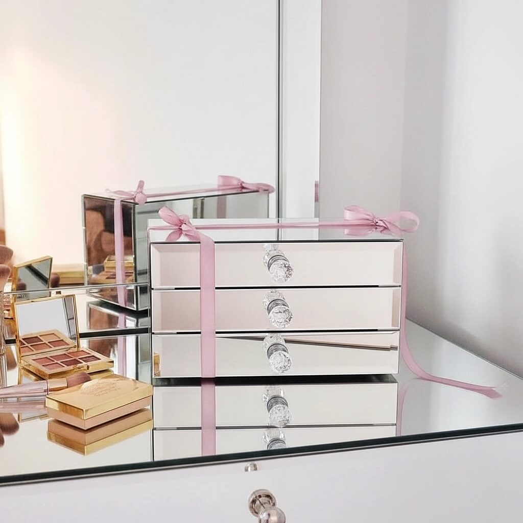 Mirror organizer with 3 drawers by Mirrorina, styled with a pink bow, placed on a mirrored vanity table with makeup palettes nearby and natural light, mirror in the background.