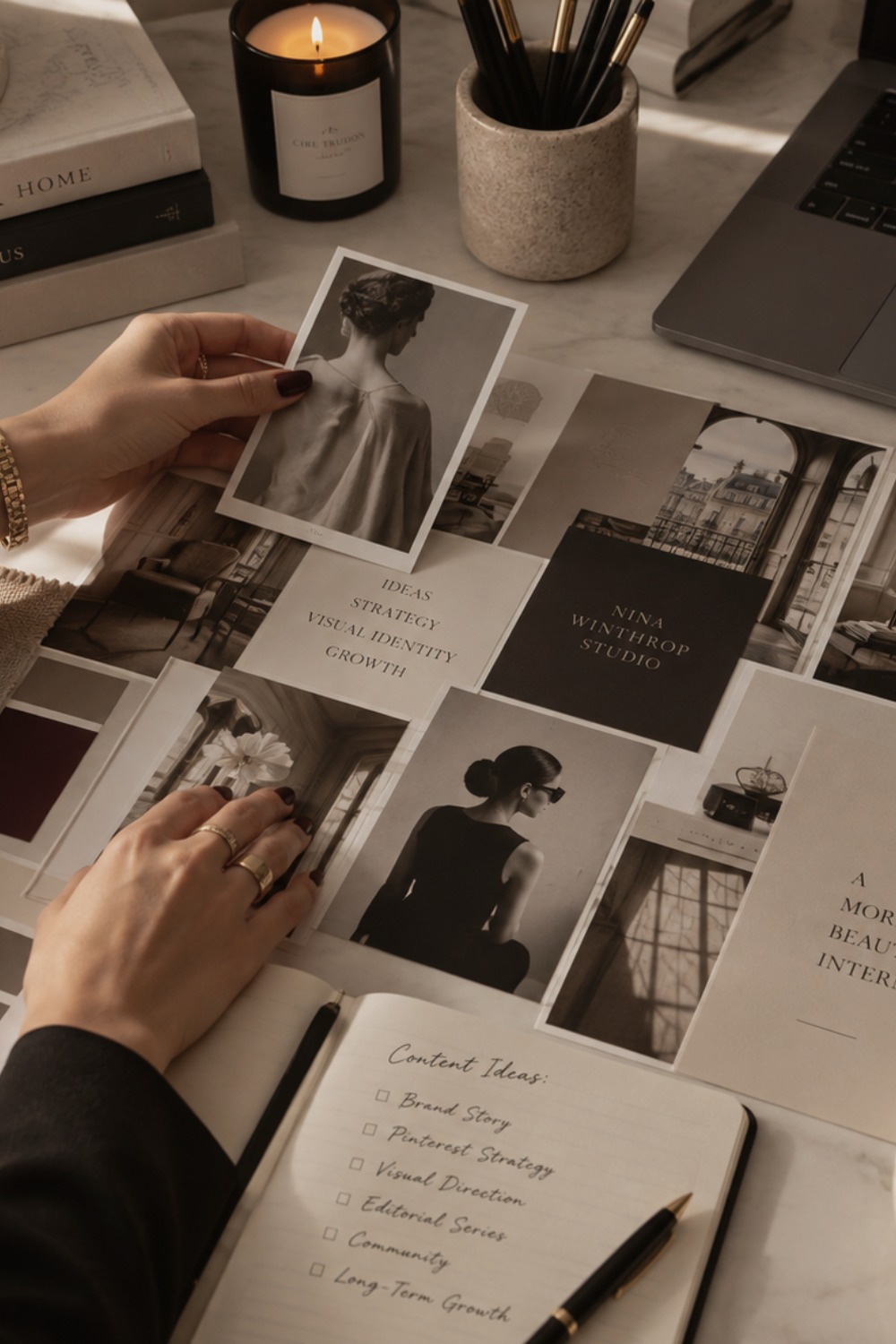 Creative direction workspace with brand imagery, visual identity references, and content planning for Nina Winthrop Studio