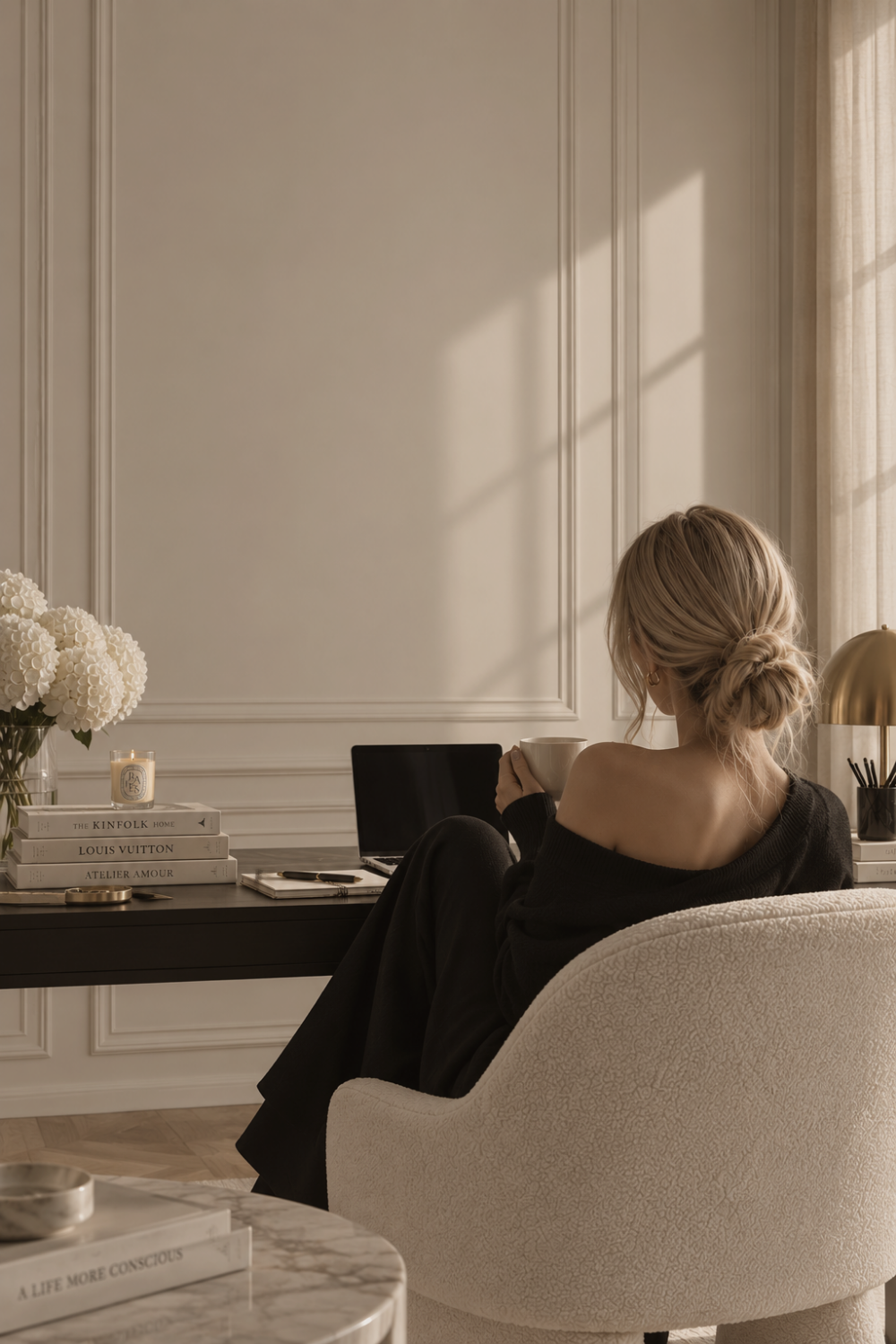 Creative director working in an elegant studio workspace – Nina Winthrop Studio
