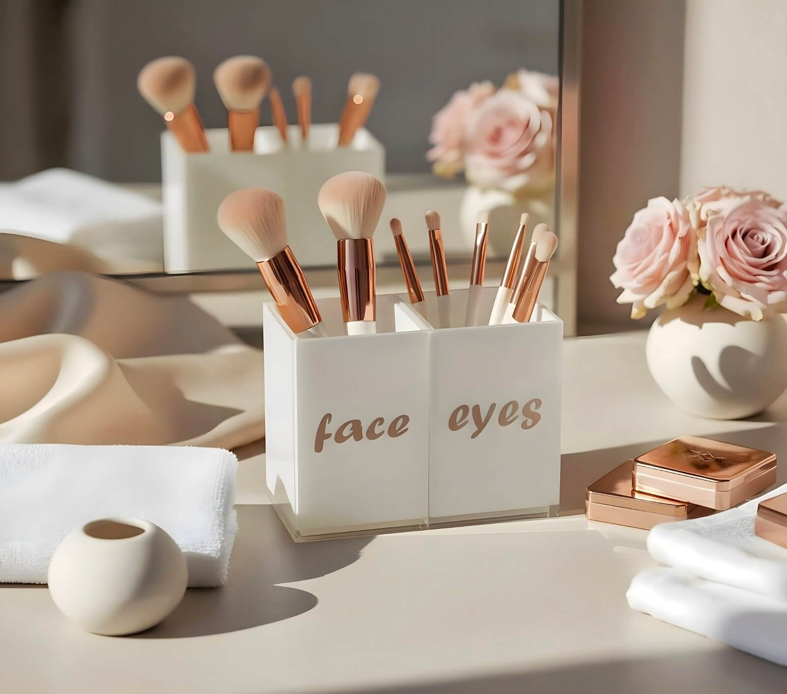 Face & Eyes brush set by Mirrorina on a beige table with mirror in the background, brushes in the holder, styled with a vase of flowers.