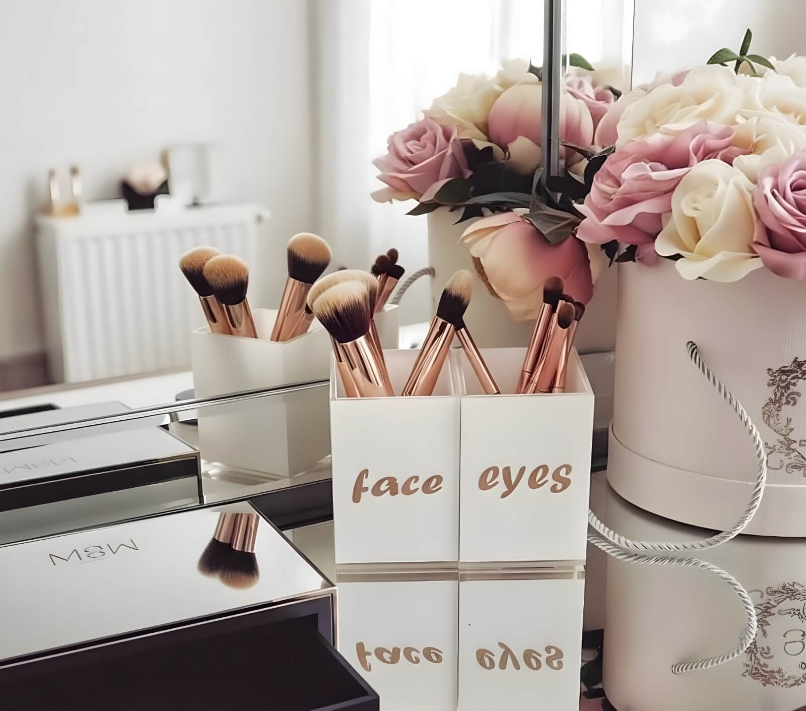 Face & Eyes brush set by Mirrorina with brushes inside, styled on a mirror table with a basket of flowers on the right and part of a drawer organizer visible on the left.