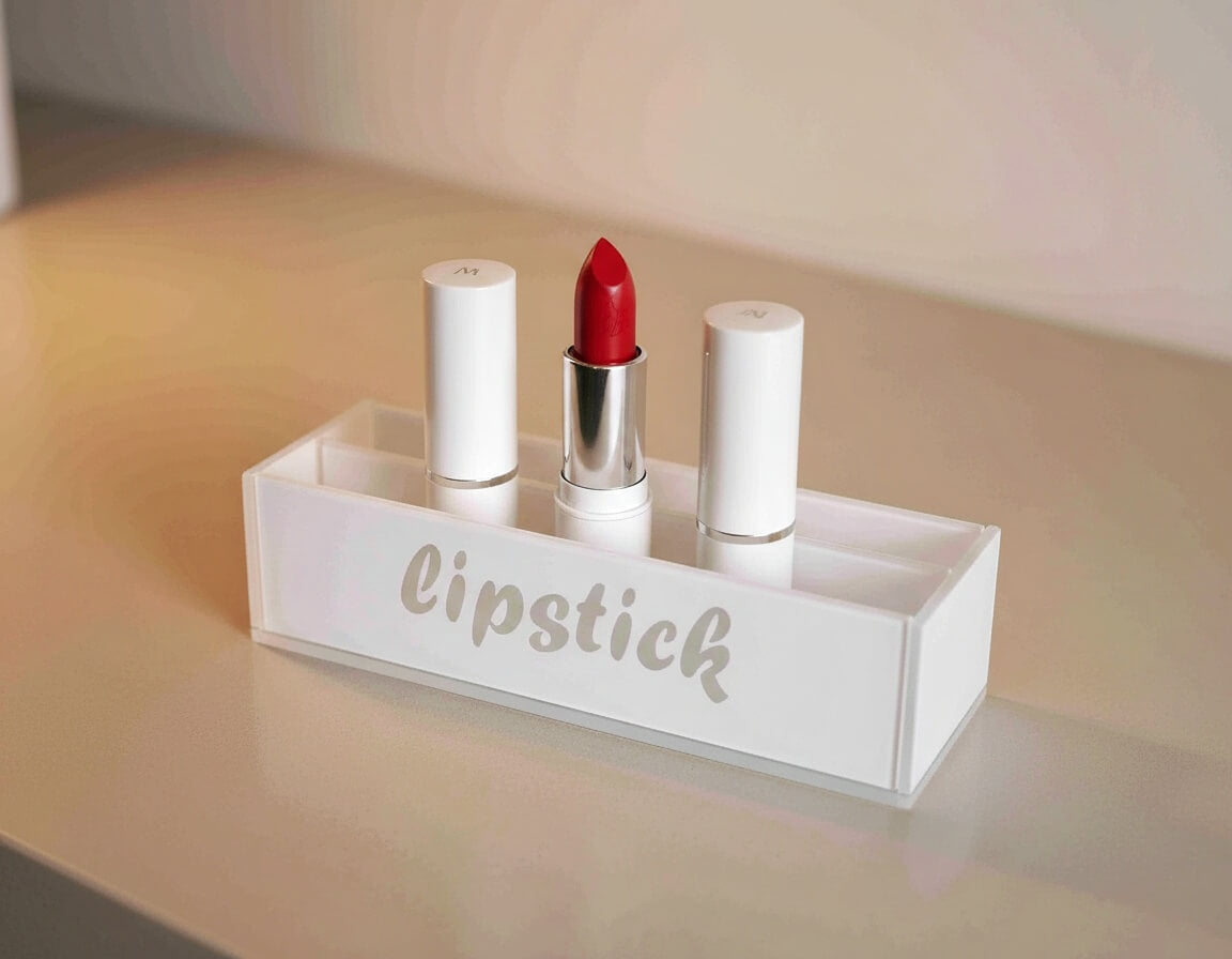 Close-up of a minimalist lipstick organizer showing transparent glass and clean lines