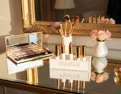 Mirrorina lipstick organizer styled on a vanity with soft natural light.