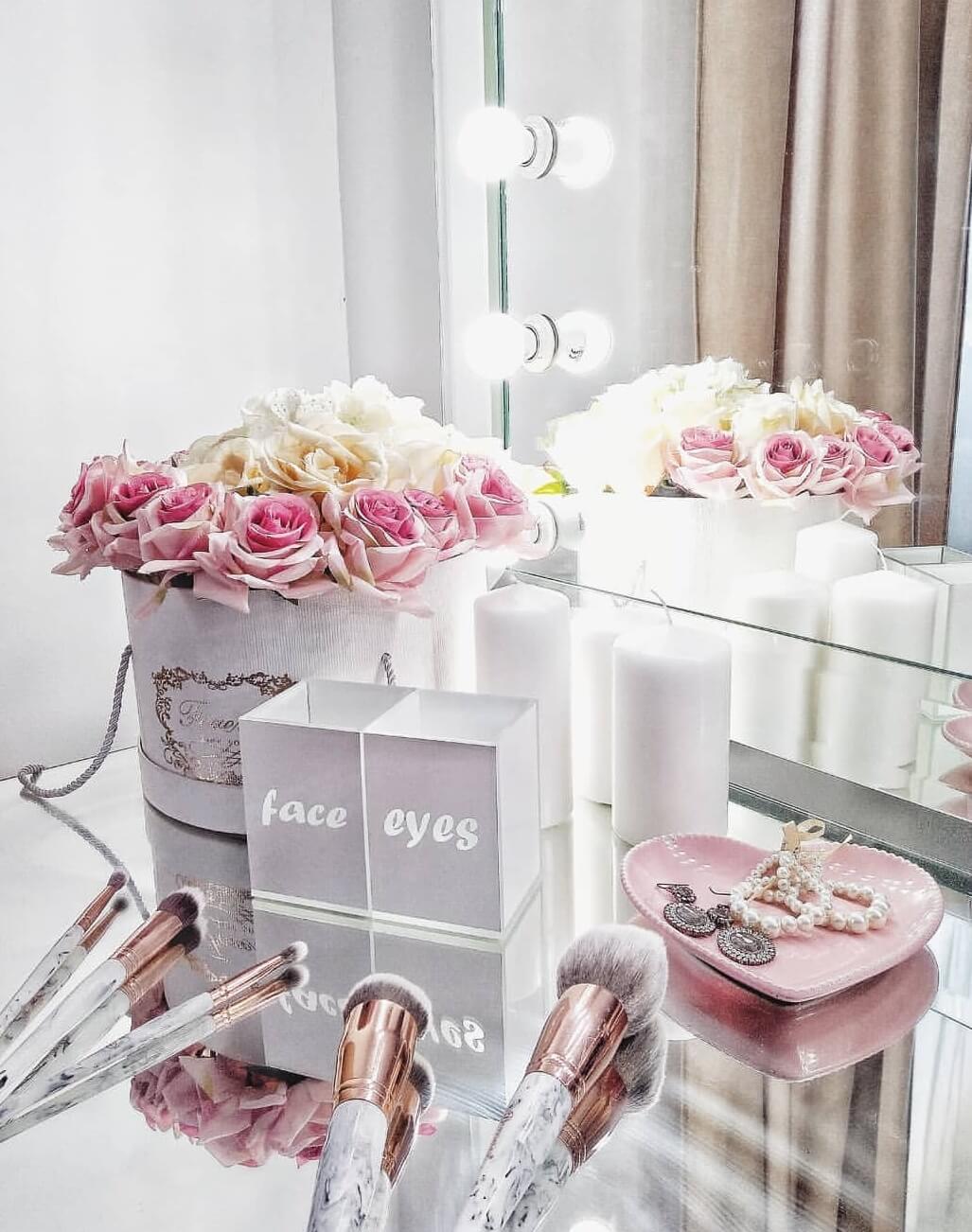Mirrorina luxury white glass makeup brush organizer set for face and eye brushes on vanity
