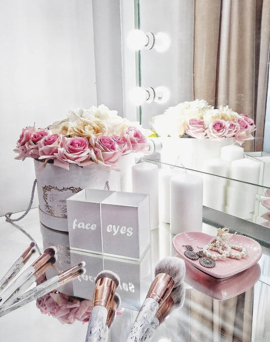 Mirrorina luxury white glass makeup brush organizer set for face and eye brushes on vanity
