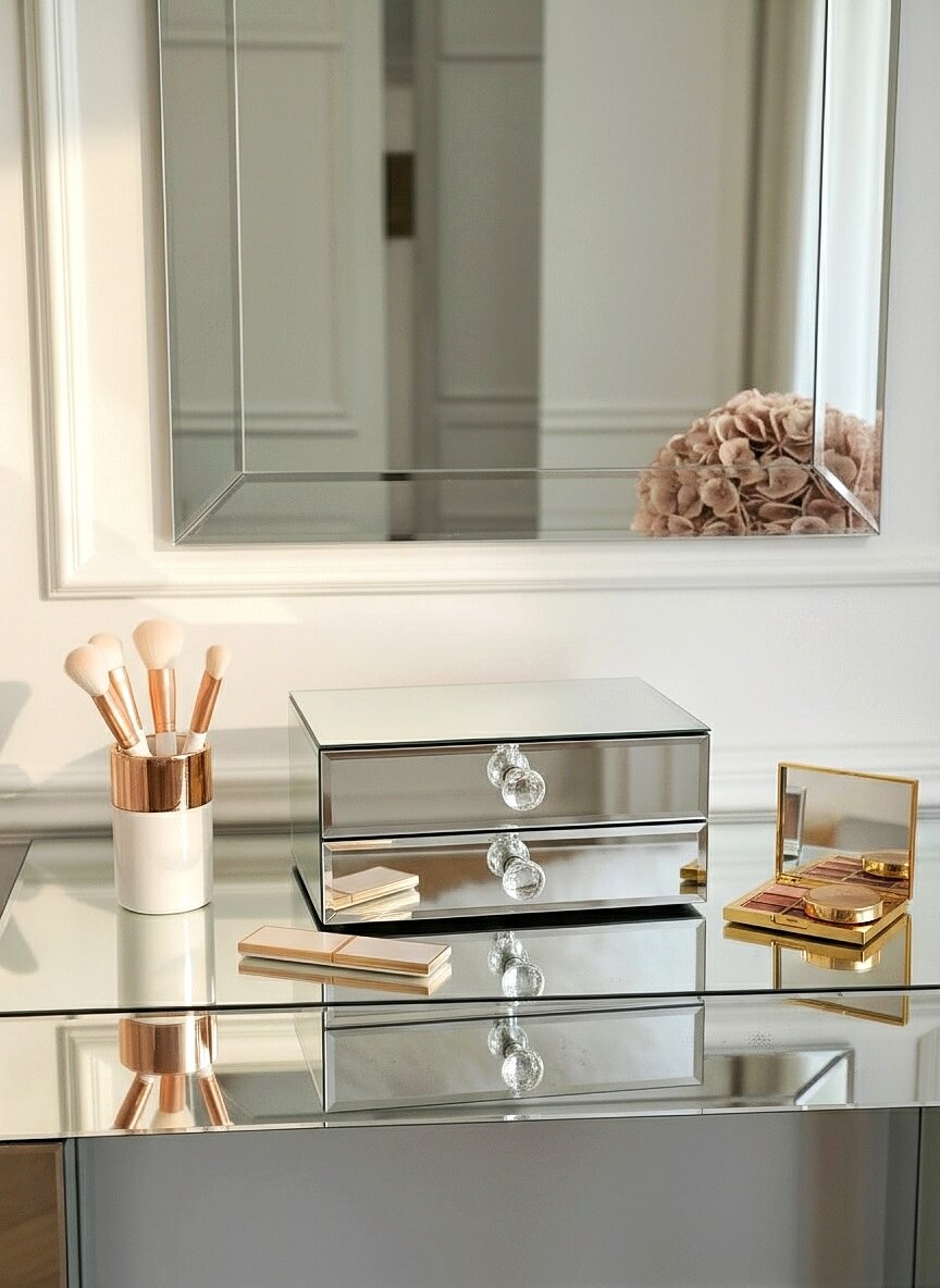 Mirror organizer with 2 drawers by Mirrorina on a mirrored console, with mirror behind, styled with a cup of makeup brushes on the left and an eyeshadow palette on the right.