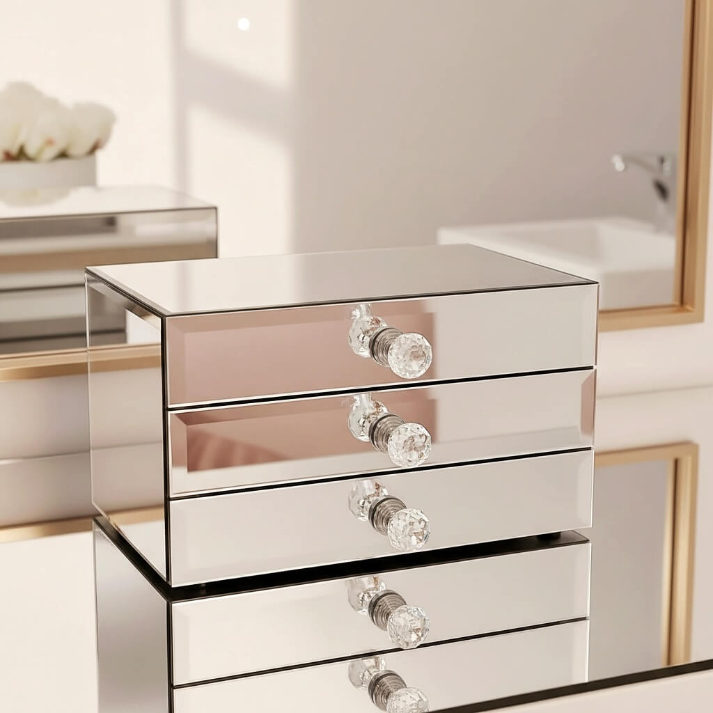 Mirror organizer with 3 drawers by Mirrorina on a mirrored table, reflected white roses in the background.