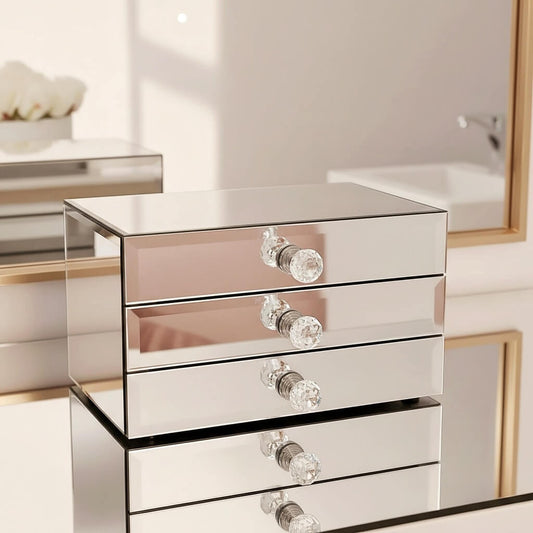 Mirror organizer with 3 drawers by Mirrorina on a mirrored table, reflected white roses in the background.