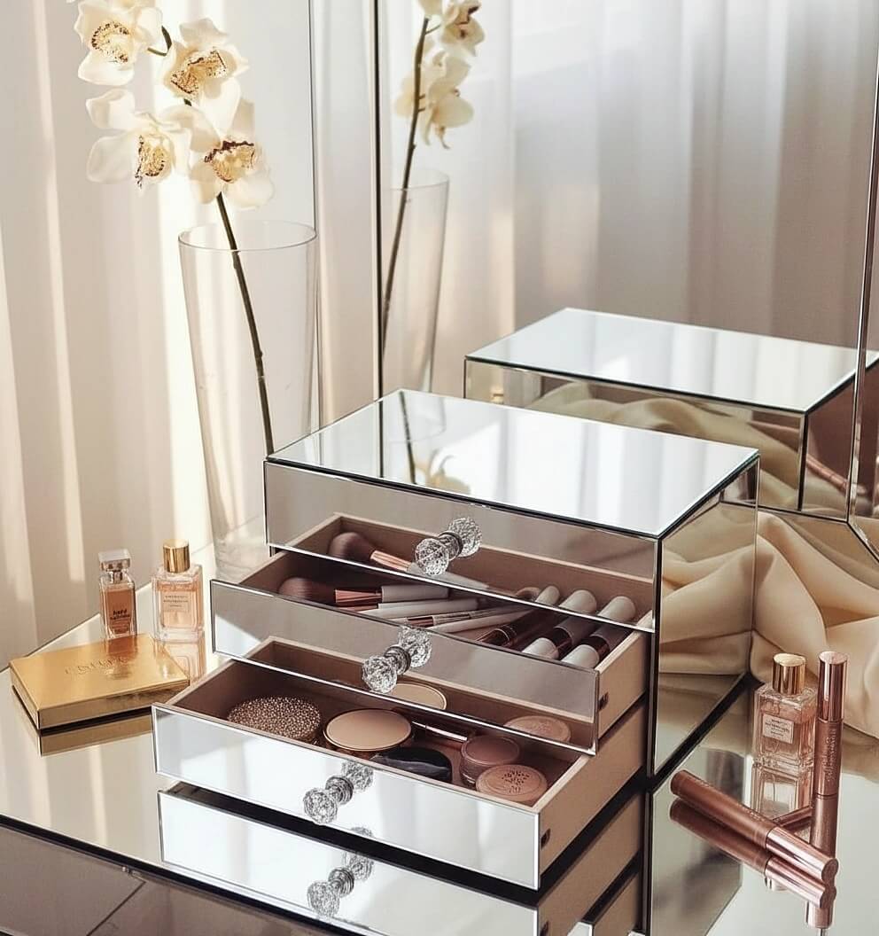 Mirror organizer with 3 drawers by Mirrorina with open drawers containing makeup, placed on a mirrored table next to a vase with orchid, mirror reflecting white curtains with natural light.