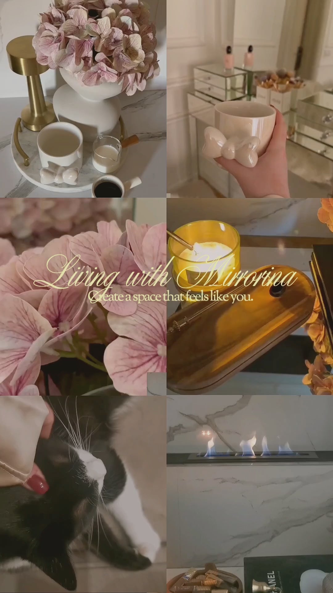 Load video: Luxury mirrored makeup organizers styled in an elegant home with coffee, candles, flowers and a cat. Soft luxury lifestyle inspired by Living with Mirrorina, creating a beautiful and organized space.